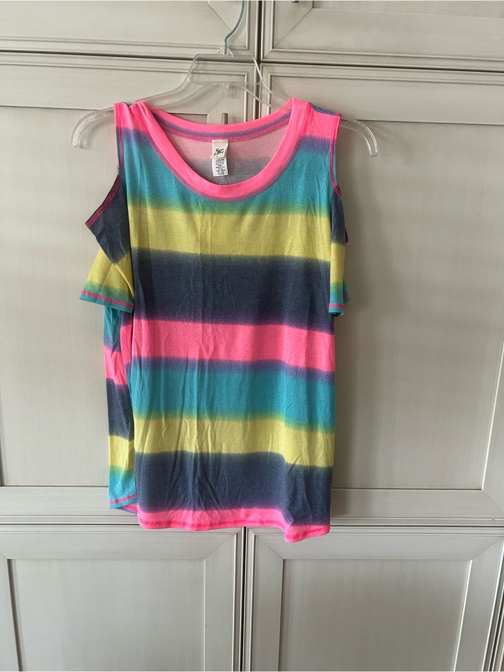 Sew In Love Neon Stripe Cold-Shoulder Tank Top - Pink, Blue, Yellow, Charcoal